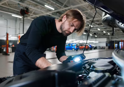Mechanic inspecting battery issues with a flashlight