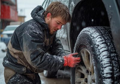 person trying to defrost his tires in the snow